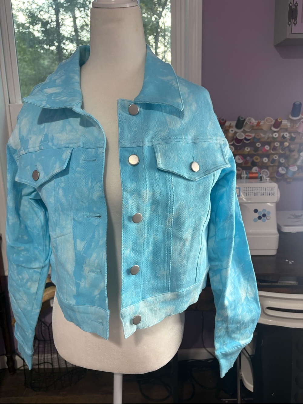 Light Blue Tie-Dye Cropped Jacket - Women - Picture 3 of 3